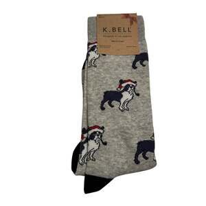 NWT K. Bell Men's Christmas Dog Santa Hat Crew Socks Gray 10-13 Stocking Stuffer
